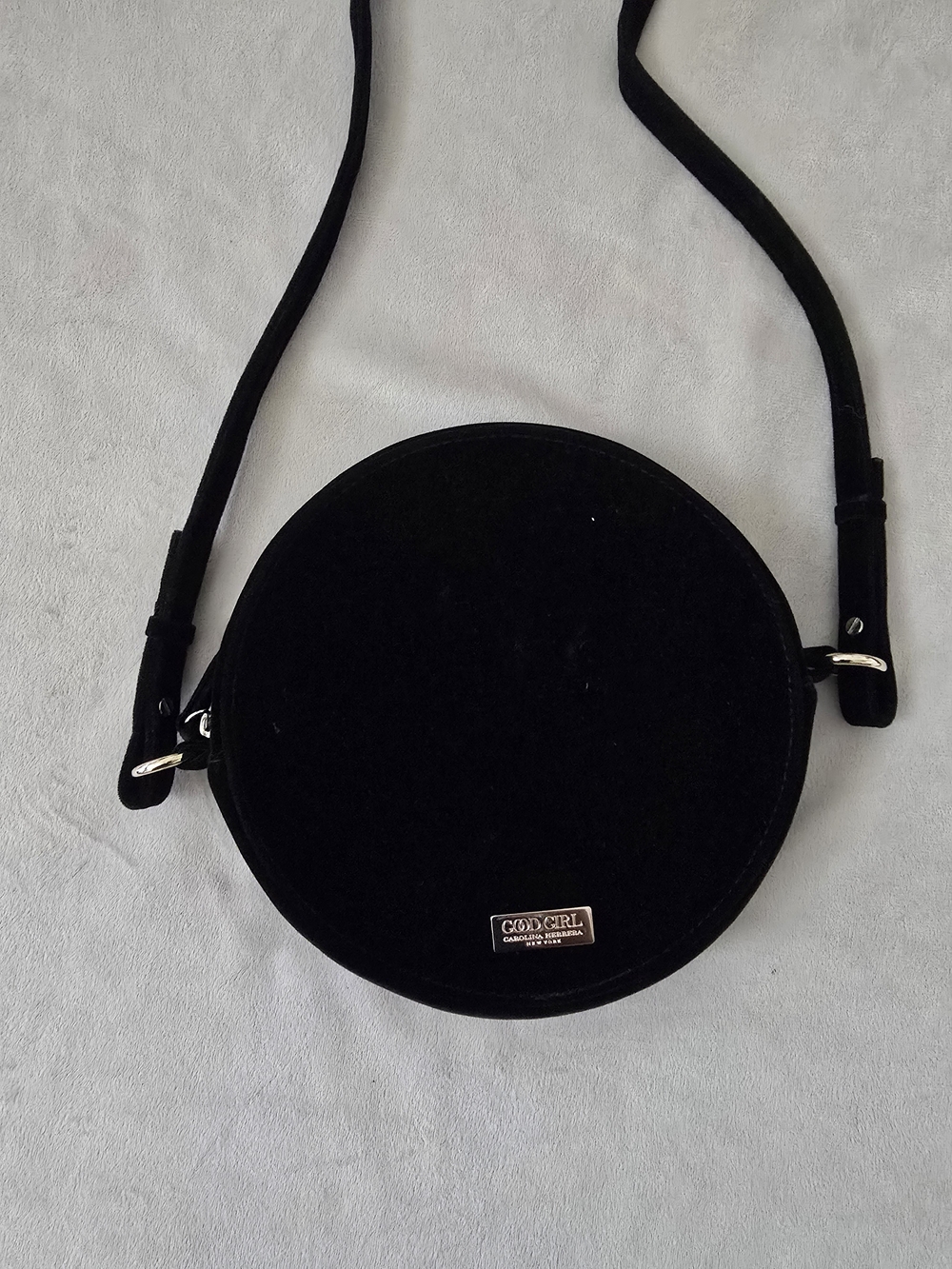 Carolina Herrera Black Velvet Round Crossbody Bag With Gold-Tone 'GOOD GIRL'